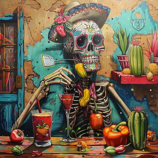 Etam Cru Style, graffiti style, colorful, MEXICAN SKULL drinking TEKILA at a Bar, peppers, cactus, painting art