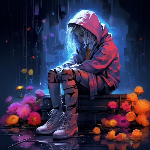 illustration, graffiti style, a girl in te rain, flowers inside your boots and bag, loneliness, silence, neon colors,starry sky
