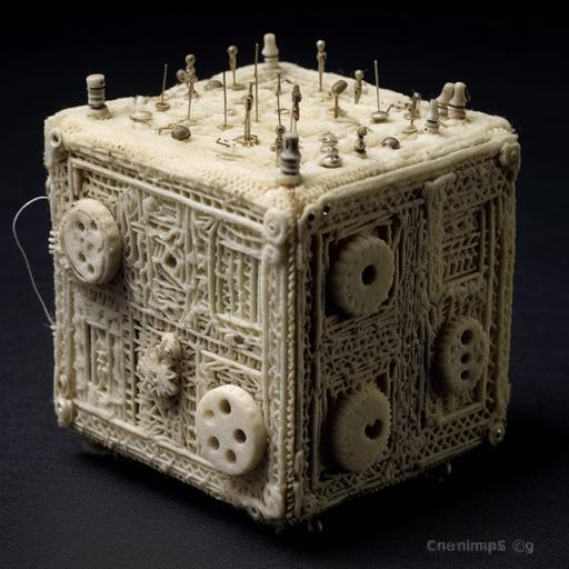 menger sponge made from repurposed sewing paraphernalia, needles, bobbins, pins, antique sewing machine parts, lace, textile scraps, thimbles, thread spools, embroidery loop, weaver's loom --v 5.1