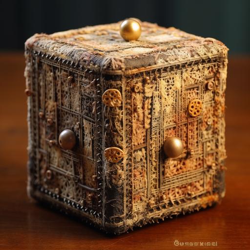 menger sponge made from repurposed sewing paraphernalia, needles, bobbins, pins, antique sewing machine parts, lace, textile scraps, thimbles, thread spools, embroidery loop, weaver's loom --v 5.1