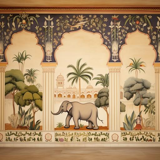 Wall painting in Indian Pichwai painting style with motifs like Indian monuments, elephants, peacocks, palm trees, lotus flower.