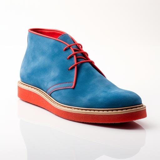 men's blue suede dress shoe chukka - based on bass shoes BROOKS SUEDE CHUKKA BUCK upper on a bright red triple thick bottom with a sneaker style heel - single shoe in profile on white background