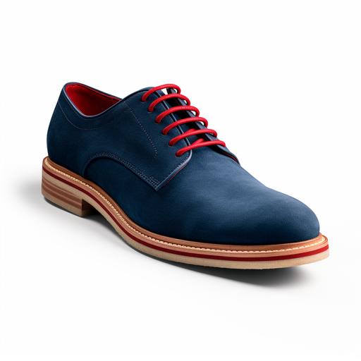 men's blue suede dress shoe oxford - based on bass shoes pasadena suede buck upper on a bright red adidas 4D running shoe bottom - single shoe in profile on white background - photorealistic
