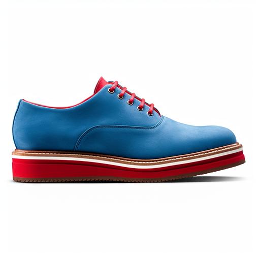 men's blue suede dress shoe oxford - based on bass shoes pasadena suede buck upper on a bright red triple thick bottom with a sneaker style heel - single shoe in profile on white background - photorealistic