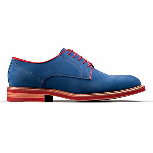 men's blue suede dress shoe oxford - based on bass shoes pasadena suede buck upper on a bright red adidas 4D running shoe bottom - single shoe in profile on white background - photorealistic