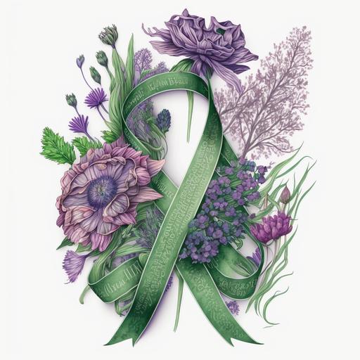 mental health awareness ribbon infused with purple and green wildflowers, 8k, vibrant, hyper realism, intricate detail