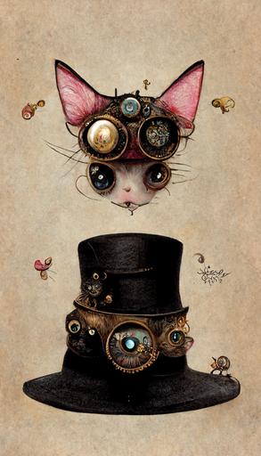 meow steampunk, monocle, stacked fancy hats, Mark Ryden style, —ar 3:5