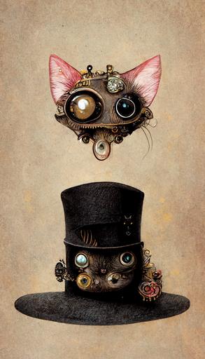 meow steampunk, monocle, stacked fancy hats, Mark Ryden style, —ar 3:5