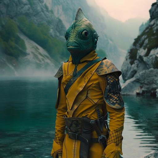 mer-man in a live action film (2024), hyperrealism, a half-fish character humanoid body style gladiator-alien clothing in yellow, human-shaped head shaped like a fish, bluish-green color, skin with scales and fibers, muscular body, alien planet lake scenery background,100 mm, fantasy scene, fantasy atmosphere, cinema light, skin texture, insane details, panoramic shot, super detailed, super resolution, volumetric --v 6.0