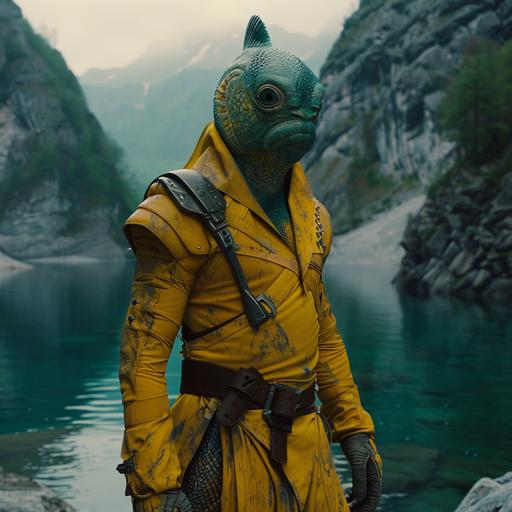 mer-man in a live action film (2024), hyperrealism, a half-fish character humanoid body style gladiator-alien clothing in yellow, human-shaped head shaped like a fish, bluish-green color, skin with scales and fibers, muscular body, alien planet lake scenery background,100 mm, fantasy scene, fantasy atmosphere, cinema light, skin texture, insane details, panoramic shot, super detailed, super resolution, volumetric --v 6.0