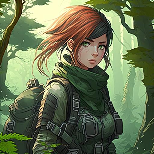 female mercenary, anime style, forest background