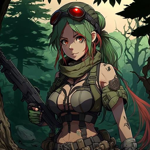 female mercenary, anime style, forest background