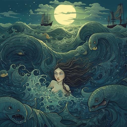 mermaid, dark and big waves, scary night, mermaid wants help, cartoon