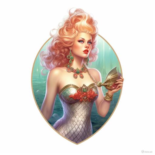 mermaid, in the sea, in a pearl shell, full body, sexy, blond, green eyes, red lips, olive skin, pinup, in the style of a super hero, royal, princess, with a crown, detailed, realistic, cinematic, sticker