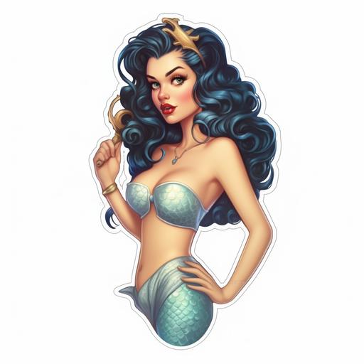 mermaid princess, full body, sexy, black hair, blue eyes, olive skin, red lips, in the style of a super hero, pin up, royal, princess, with a crown, detailed, hyper realistic, cinematic, sticker