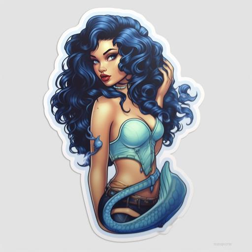 mermaid princess, full body, sexy, black hair, blue eyes, olive skin, red lips, in the style of a super hero, pin up, royal, princess, with a crown, detailed, hyper realistic, cinematic, sticker