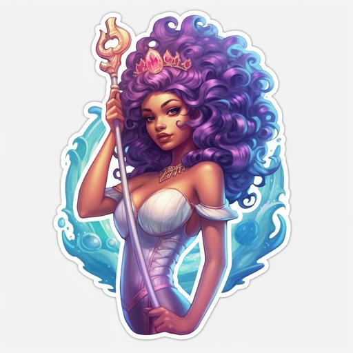 mermaid princess, in the sea, full body, sexy, purple hair, blue eyes, dark skin, in the style of a super hero, pin up, royal, princess, with a crown, detailed, realistic, cinematic, sticker