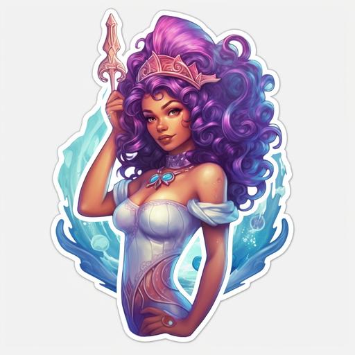 mermaid princess, in the sea, full body, sexy, purple hair, blue eyes, dark skin, in the style of a super hero, pin up, royal, princess, with a crown, detailed, realistic, cinematic, sticker