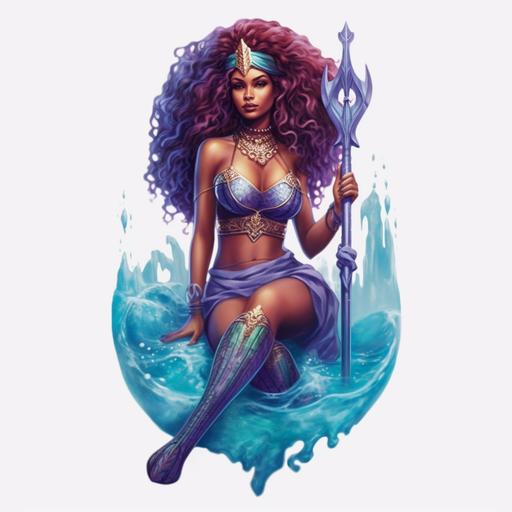 mermaid princess, in the sea, full body, sexy, purple hair, blue eyes, dark skin, in the style of a super hero, royal, princess, with a crown, detailed, realistic, cinematic, sticker