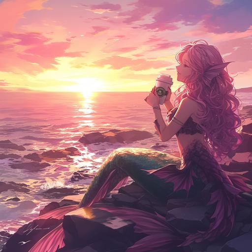 mermaid sitting on a rocky beach drinking starbucks coffee, pink sunset sky --niji 6