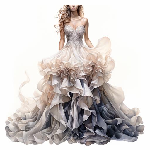 mermaid-style bridal gown with all the bells and whistles, Watercolor pencil sketch isolated on white background --s 600
