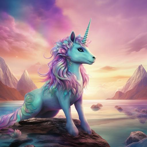 mermaid, unicorn, kitten, rainbow horn, mountain background, fake fairy wings, realistic aqua and purple sky