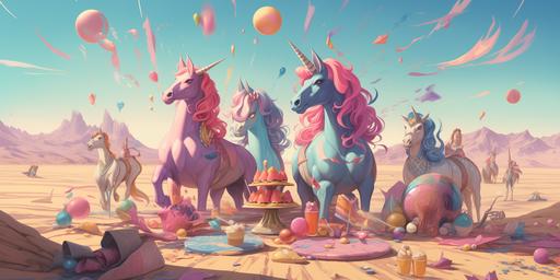 mermaid unicorns having a party in the desert. Illustration style. --ar 2:1