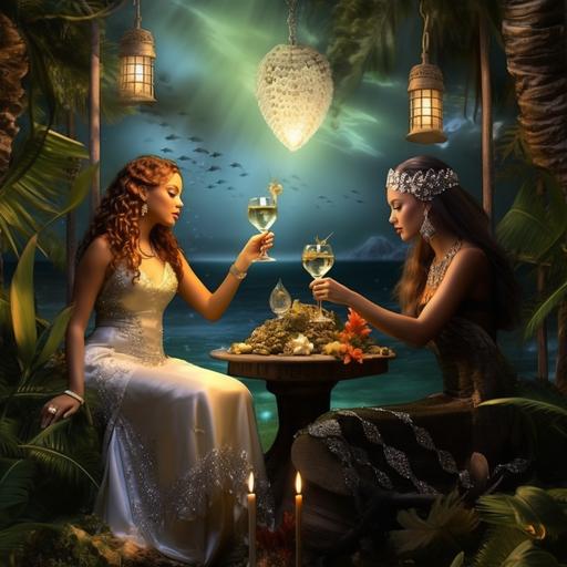 mermiads, goddesses, fancy outfit, elegant glass in hand, women together, beach, tropical, oasis, grotto, trinkets, lantern, beads, champagne, wine glass, wine, palm tree, elegant, realistic