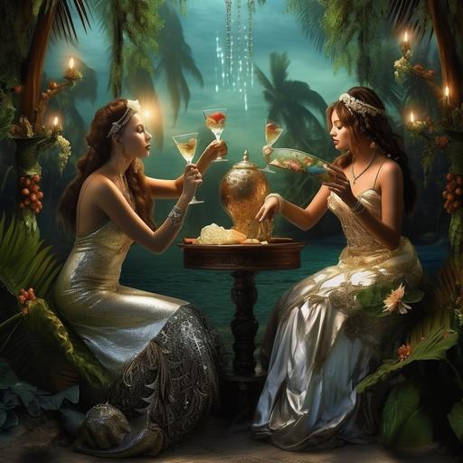 mermiads, goddesses, fancy outfit, elegant glass in hand, women together, beach, tropical, oasis, grotto, trinkets, lantern, beads, champagne, wine glass, wine, palm tree, elegant, realistic