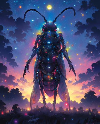 mesmerizing man and neon shiny indigo color beetle bug, by Pierre et Gilles, minimal figures, nightscape, sparklecore, starry skies --ar 4:5 --stylize 1000 --niji 5