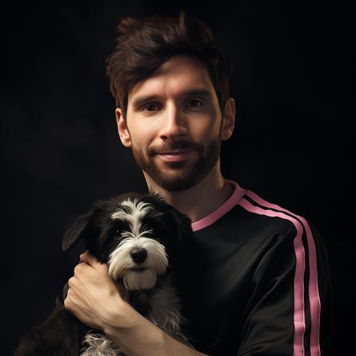 messi holding a cute black bishon frise dog with a pink ribbon starring into the camera like a professional photoshoot, ultra realistic