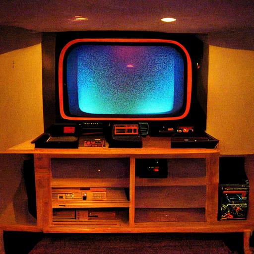 messy 80s basement hangout, atari 2600 game console with joy sticks, Apple IIe, 80s magnavox t, 80s Magnavox television glowing, kenwood stereo system, 80s stereo speakers, milk crates with records, terminator, filled shelves, posters on wall, books and magazines stacks, coffee table, board game, old couch, wires, photograph by Gregory crewdson and David Lynch, moody, ultra detailed, Cinestill 800T, wide angle