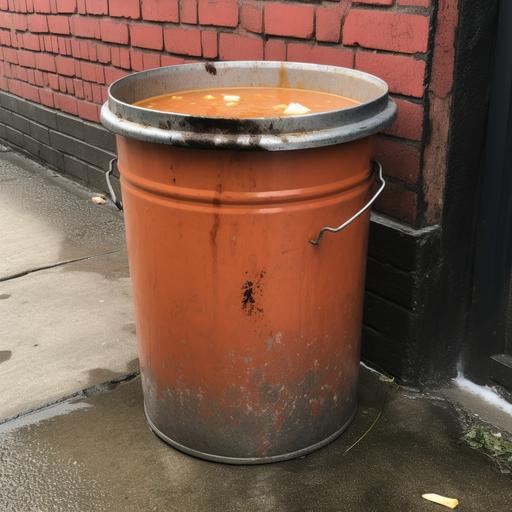 metal 1980s garbage can filled with soup sitting on the curb --q 2 --v 5