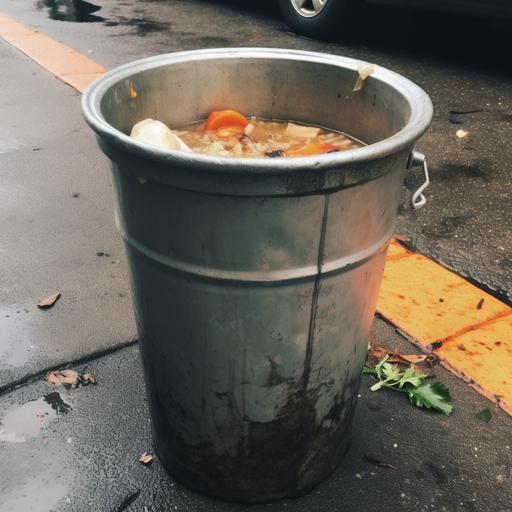 metal 1980s garbage can filled with soup sitting on the curb --q 2 --v 5