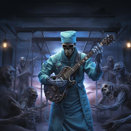 metal band cover album art of a physician assistant with mask on , male, in blue scrubs, medical scrub hair covering on , height of 5.9, holding a heart , with zombies all around on hospital beds , big muscles, dark colored eyes, holding a metal guitar that looks like a demon skeleton , metal band logo on top that says EASTEPHIA