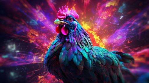 metaphorical chicken, neon uplight, cosmos neural galaxies background, in the style of NubisImmortalAiCreations, --ar 16:9