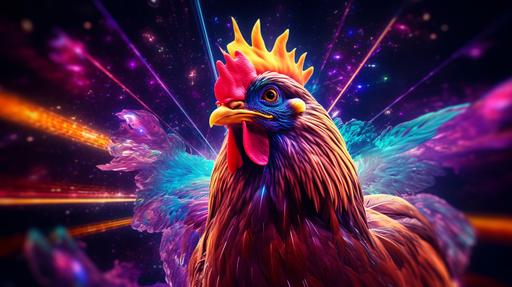 metaphorical chicken, neon uplight, cosmos neural galaxies background, in the style of NubisImmortalAiCreations, --ar 16:9