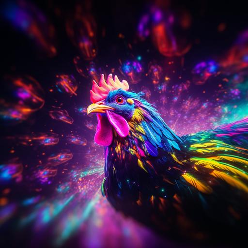 metaphorical chicken, neon uplight, cosmos neural galaxies background, in the style of NubisImmortalAiCreations,
