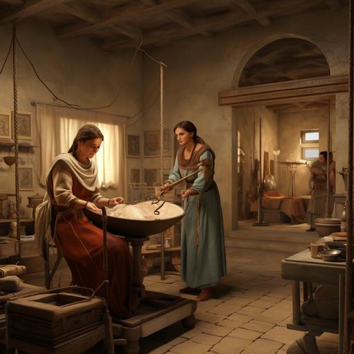 metrodora a female gynacologist in 200-400AD , a recreated scene of an ancient medical examination room, with Metrodora using pioneering diagnostic tools and techniques to examine a patient.