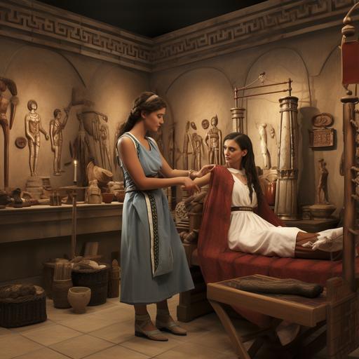metrodora a female gynacologist in 200-400AD , a recreated scene of an ancient medical examination room, with Metrodora using pioneering diagnostic tools and techniques to examine a patient.