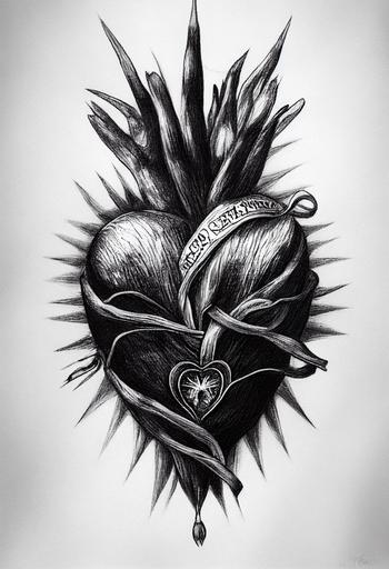 mexican sacred heart, charcoal drawing, ballpoint pen drawing, detailed lines, digital drawing, 2d, white background, portrait, duotone, character, black and white, tattoo drawing, 8k, --ar 2:3 --upbeta --test --creative