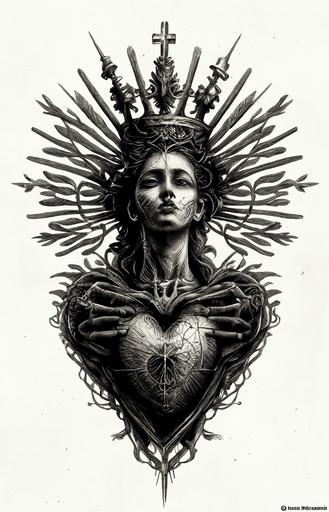 mexican sacred heart, charcoal drawing, ballpoint pen drawing, detailed lines, digital drawing, 2d, white background, portrait, duotone, character, black and white, tattoo drawing, 8k, --ar 2:3 --q 2 --upbeta --v 4 --s 250