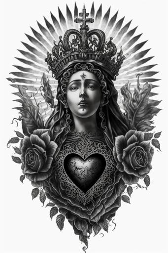 mexican sacred heart, charcoal drawing, ballpoint pen drawing, detailed lines, digital drawing, 2d, white background, portrait, duotone, character, black and white, tattoo drawing, 8k, --ar 2:3