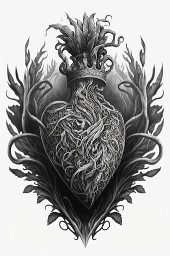mexican sacred heart, charcoal drawing, ballpoint pen drawing, detailed lines, digital drawing, 2d, white background, portrait, duotone, character, black and white, tattoo drawing, 8k, --ar 2:3