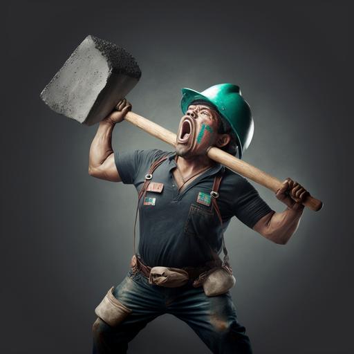 mexican strong construction worker holding hammer up in air realistic