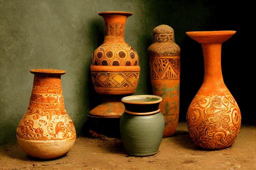 mexican style, clay vases, still life, oceanic ornaments, side light, oriental anccient clay pottery, indoor, volumetric lighting, filigree, used, scratch, vintage, dusty, dark green copper, rough surface, dirty, overgrown, hyperdetailed, highly detailed, sharp, simple small window, gleam of light, dust and light, pottery background, realistic, highly detailed, octane render, unreal engine 5 --ar 6:4 --test --creative --upbeta