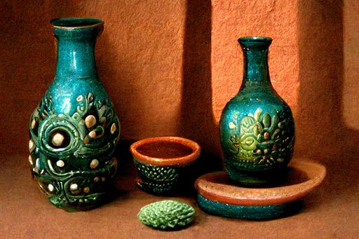 mexican style, clay vases, still life, oceanic ornaments, side light, oriental anccient clay pottery, indoor, volumetric lighting, filigree, used, scratch, vintage, dusty, dark green copper, rough surface, dirty, overgrown, hyperdetailed, highly detailed, sharp, simple small window, gleam of light, dust and light, pottery background, realistic, highly detailed, octane render, unreal engine 5 --ar 6:4