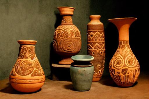 mexican style, clay vases, still life, oceanic ornaments, side light, oriental anccient clay pottery, indoor, volumetric lighting, filigree, used, scratch, vintage, dusty, dark green copper, rough surface, dirty, overgrown, hyperdetailed, highly detailed, sharp, simple small window, gleam of light, dust and light, pottery background, realistic, highly detailed, octane render, unreal engine 5 --ar 6:4 --test --creative --upbeta --upbeta