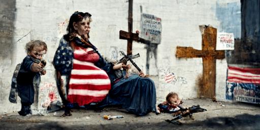 homeless pregnant mother and several poor children amred with rifles and handguns, dystopican urban streets, decay, poverty, american flags, churches with crosses, in style of Rockwell --ar 2:1
