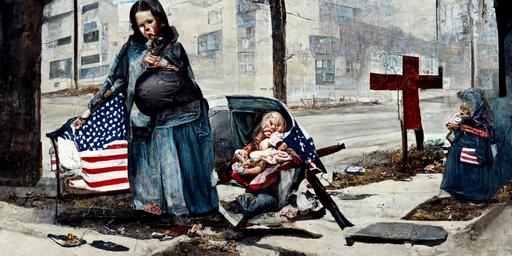 homeless pregnant mother and several poor children amred with rifles and handguns, dystopican urban streets, decay, poverty, american flags, churches with crosses, in style of Rockwell --ar 2:1